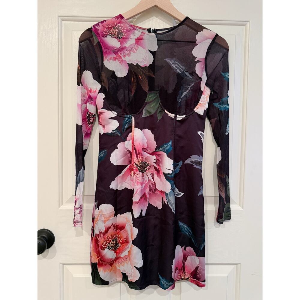 Marciano LA XS Black Pink Floral Sheer Mini Long Sleeve Dress Bra Party Short